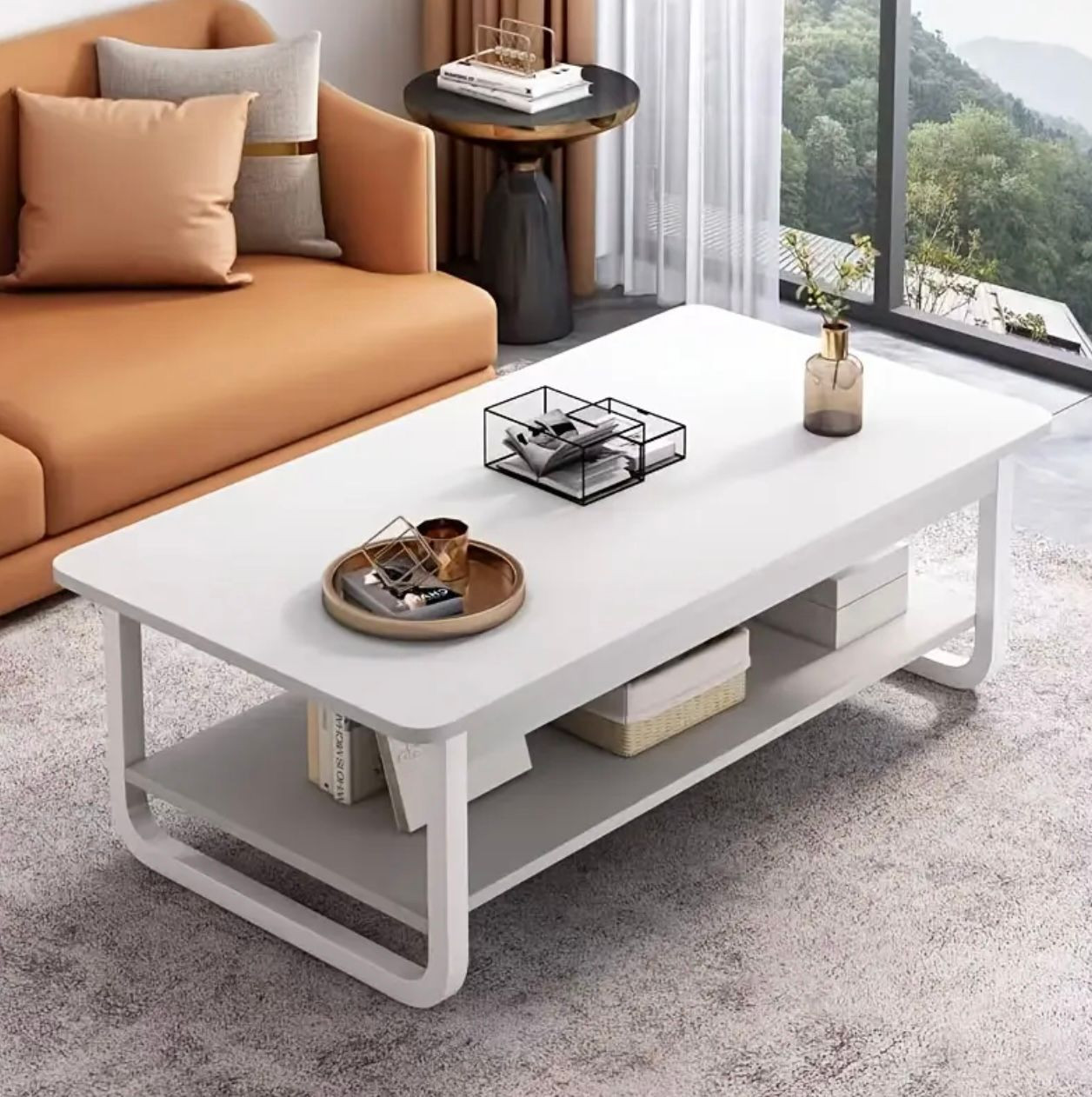Table basse moderne à deux niveaux blanche et noire avec étagère de rangement - Grande table de canapé rectangulaire de luxe