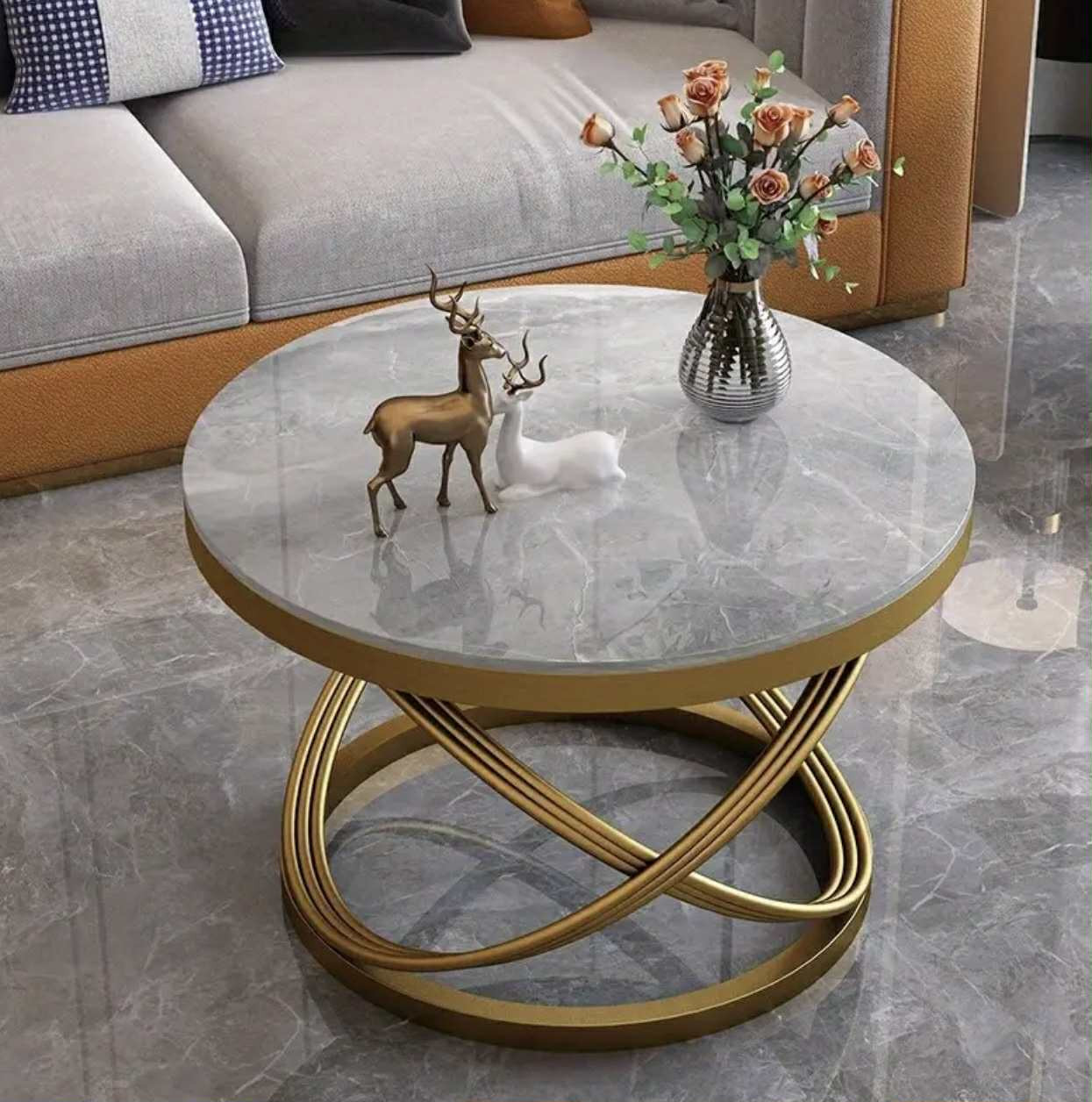 Table basse ronde contemporaine en pierre avec base en métal doré - Design compact pour petits espaces, idéal pour les appartements, les salons et l'extérieur - Image 3