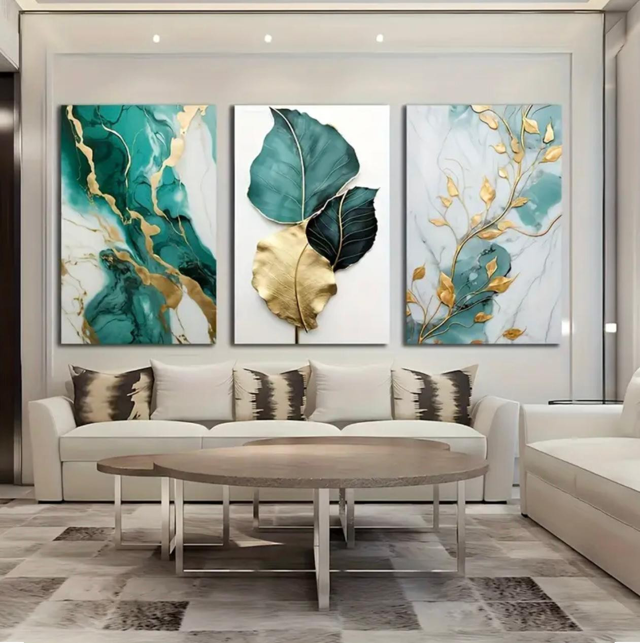 3pcs Affiches abstraites sur toile de marbre floral, impressions d'art de feuille d'or à rayures vertes, décoration murale encadrée