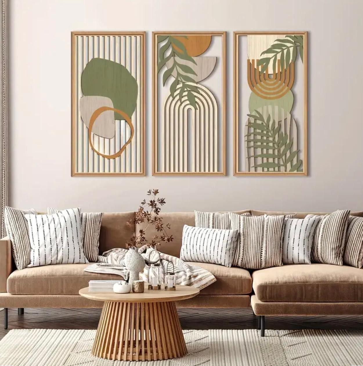 Art mural en bois géométrique abstrait encadré, ensemble d'art mural Boho de 3