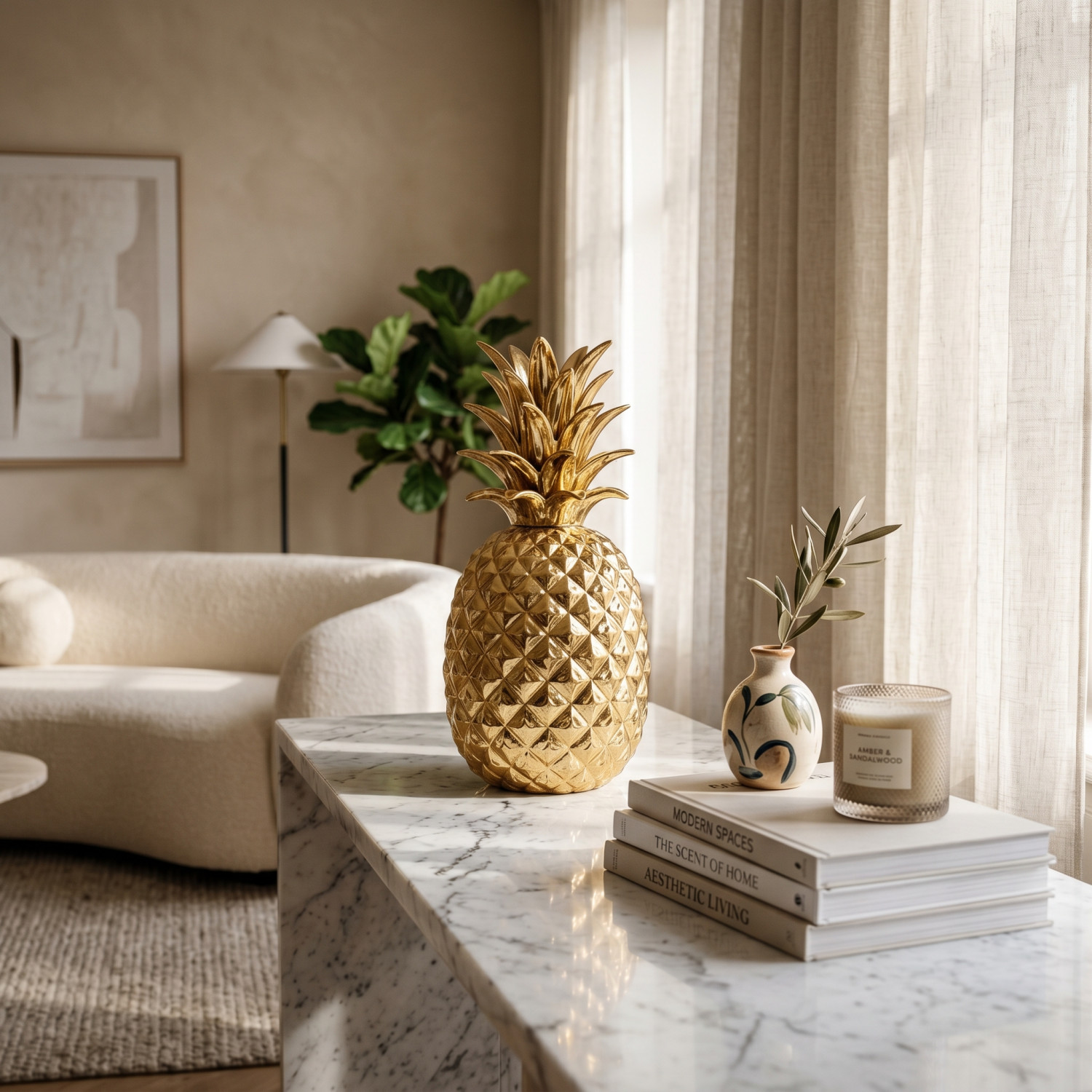 Ananas Décoratif en Céramique Dorée – Pièce de Décor Luxueuse