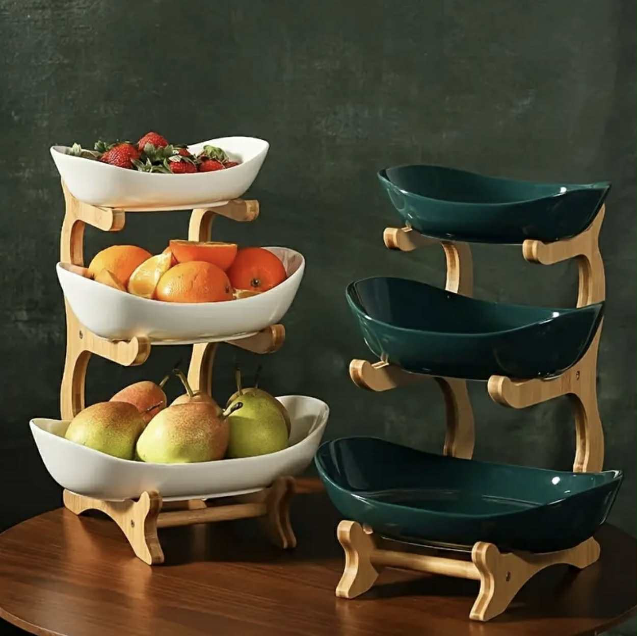 1 support à fruits à trois niveaux - Organiseur de cuisine robuste avec plateau ovale, décoration de comptoir peu encombrante pour la maison