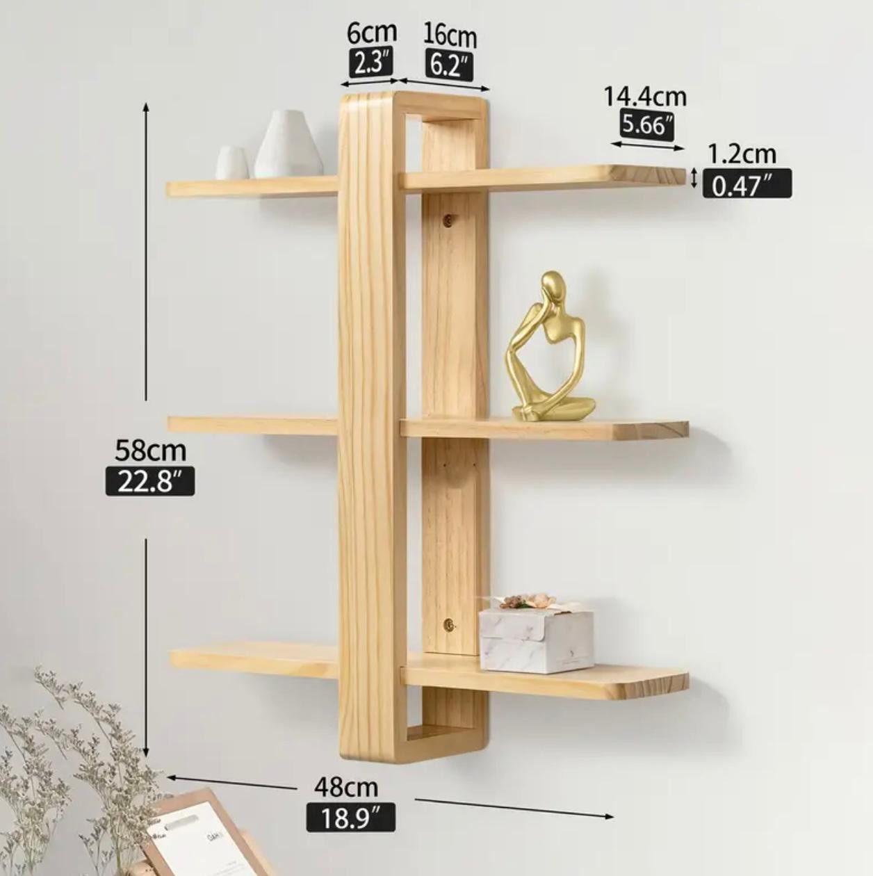 1pc Étagère flottante murale à 3 niveaux - Étagère de rangement en bois avec supports dorés - Image 3