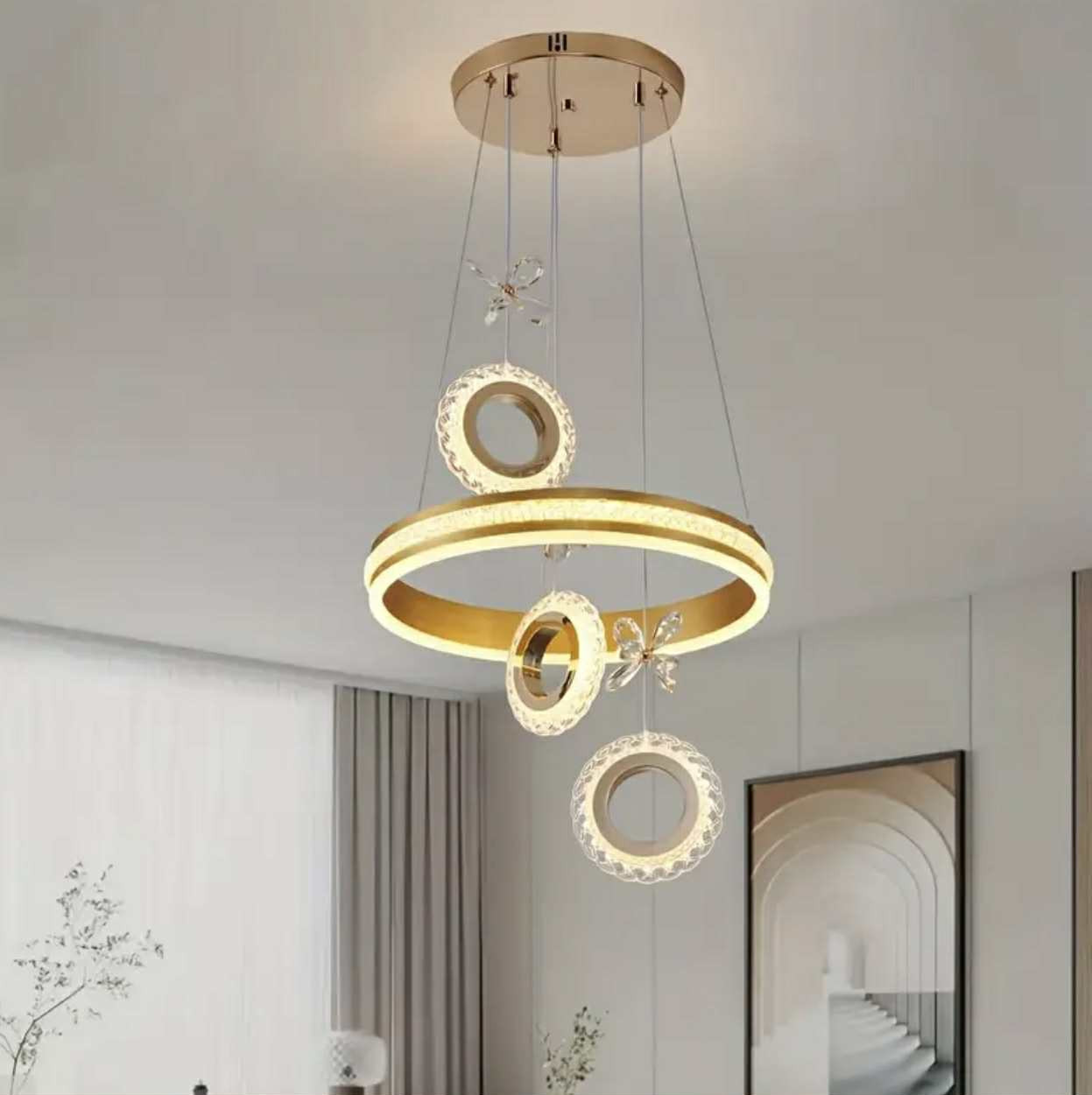 Lustre suspendu moderne de style nordique - Design géométrique élégant, abat-jour arqué à intensité variable, montage semi-encastré - Image 3