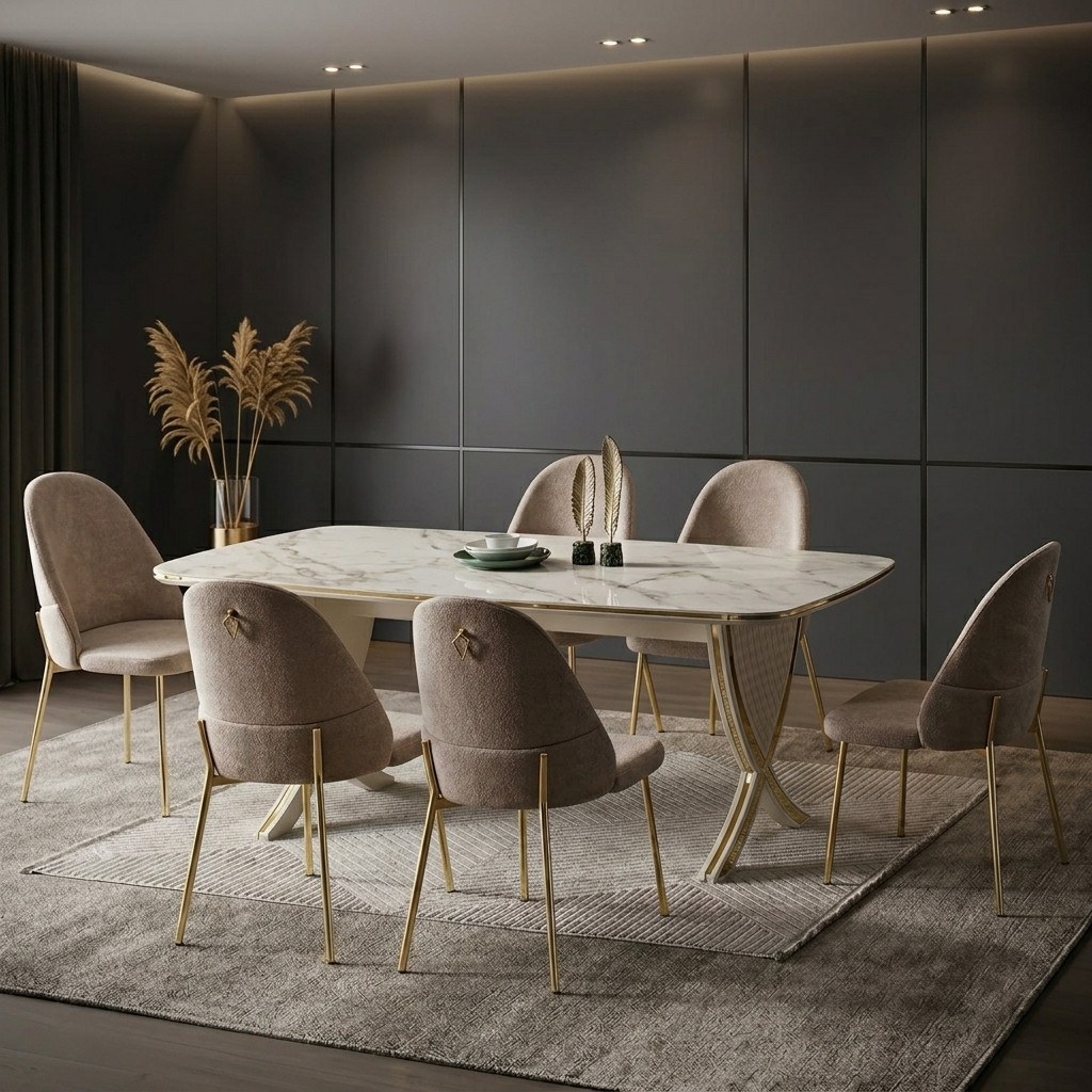 Table à Manger Luxe Marbre Blanc & Chaises Velours Gold
