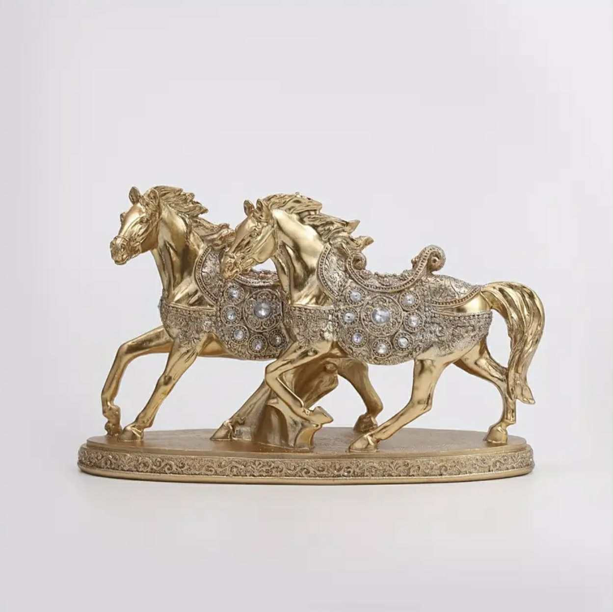 Statue de luxe TY, double cheval doré – Sculpture en résine de style européen ornée de cristaux - Image 1