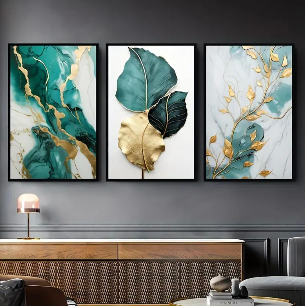 3pcs Affiches abstraites sur toile de marbre floral, impressions d'art de feuille d'or à rayures vertes, décoration murale encadrée - Image 2