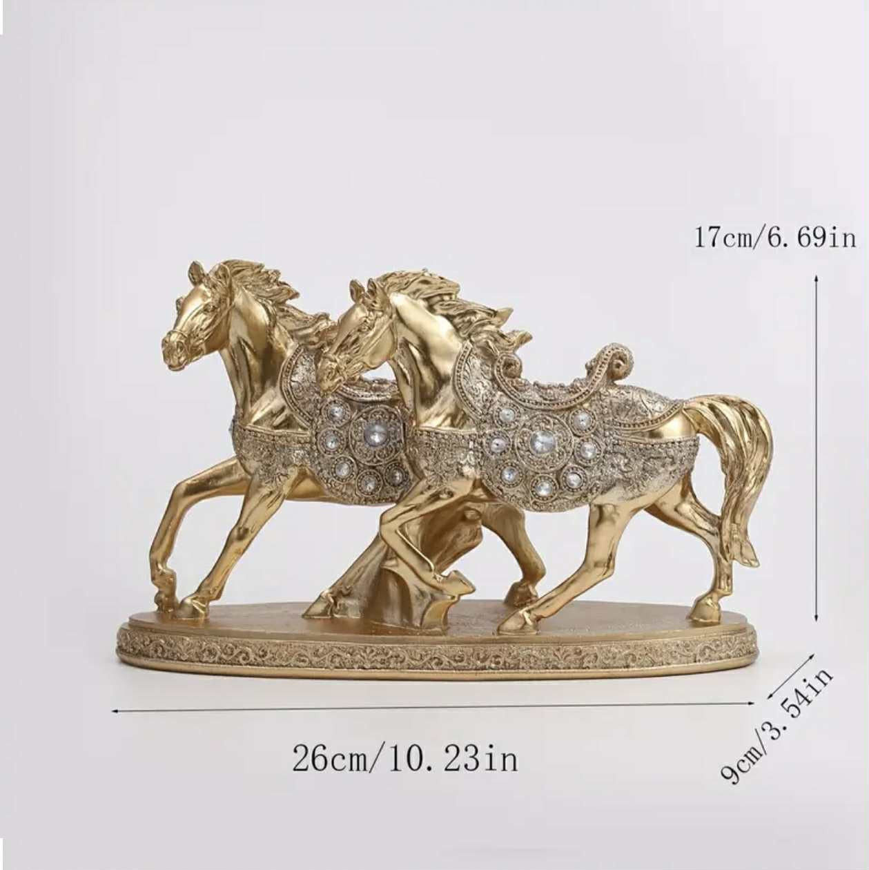 Statue de luxe TY, double cheval doré – Sculpture en résine de style européen ornée de cristaux - Image 2