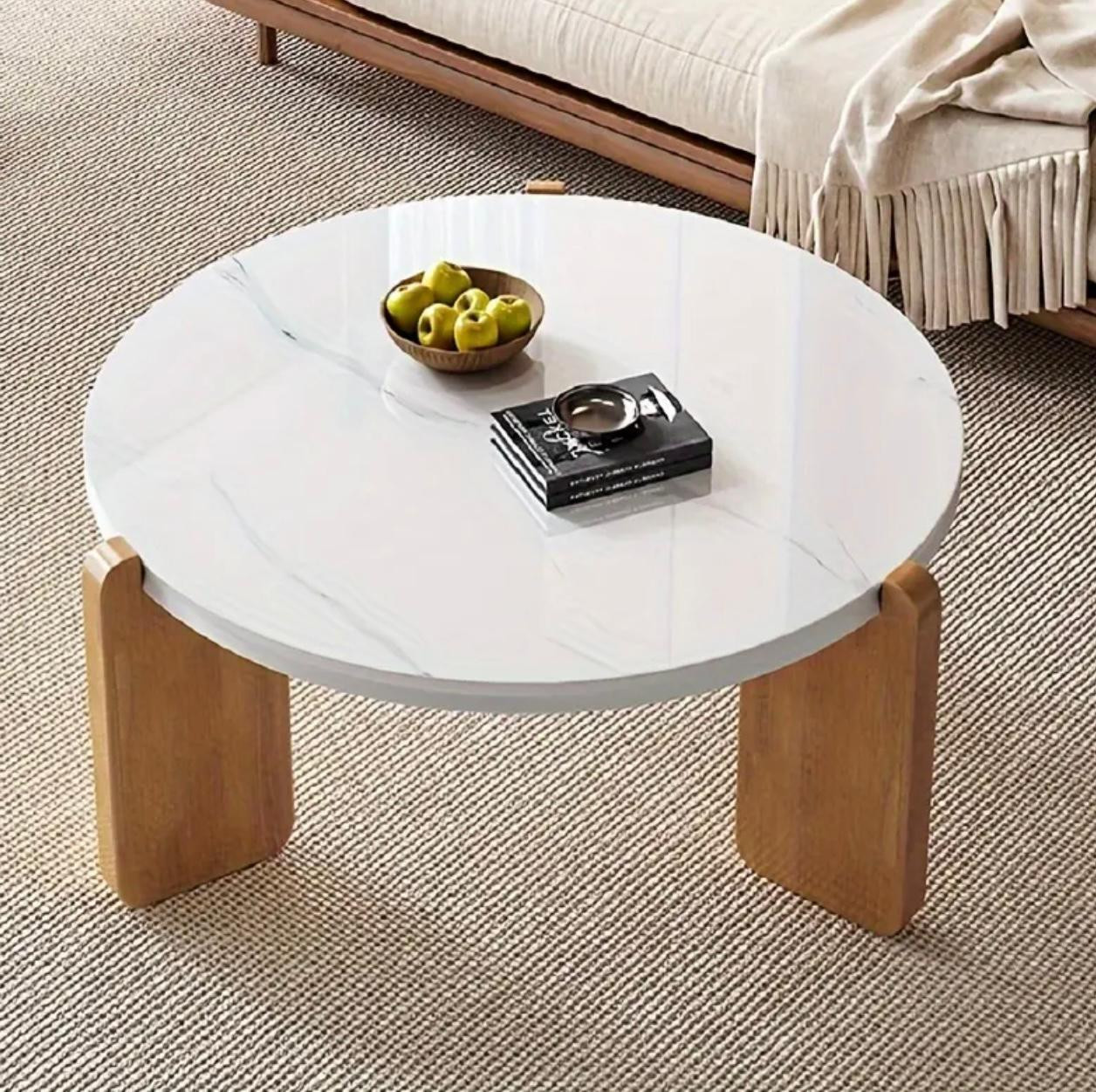 Table basse ronde moderne - Table centrale de salon élégante avec surface en forme de marbre facile à nettoyer