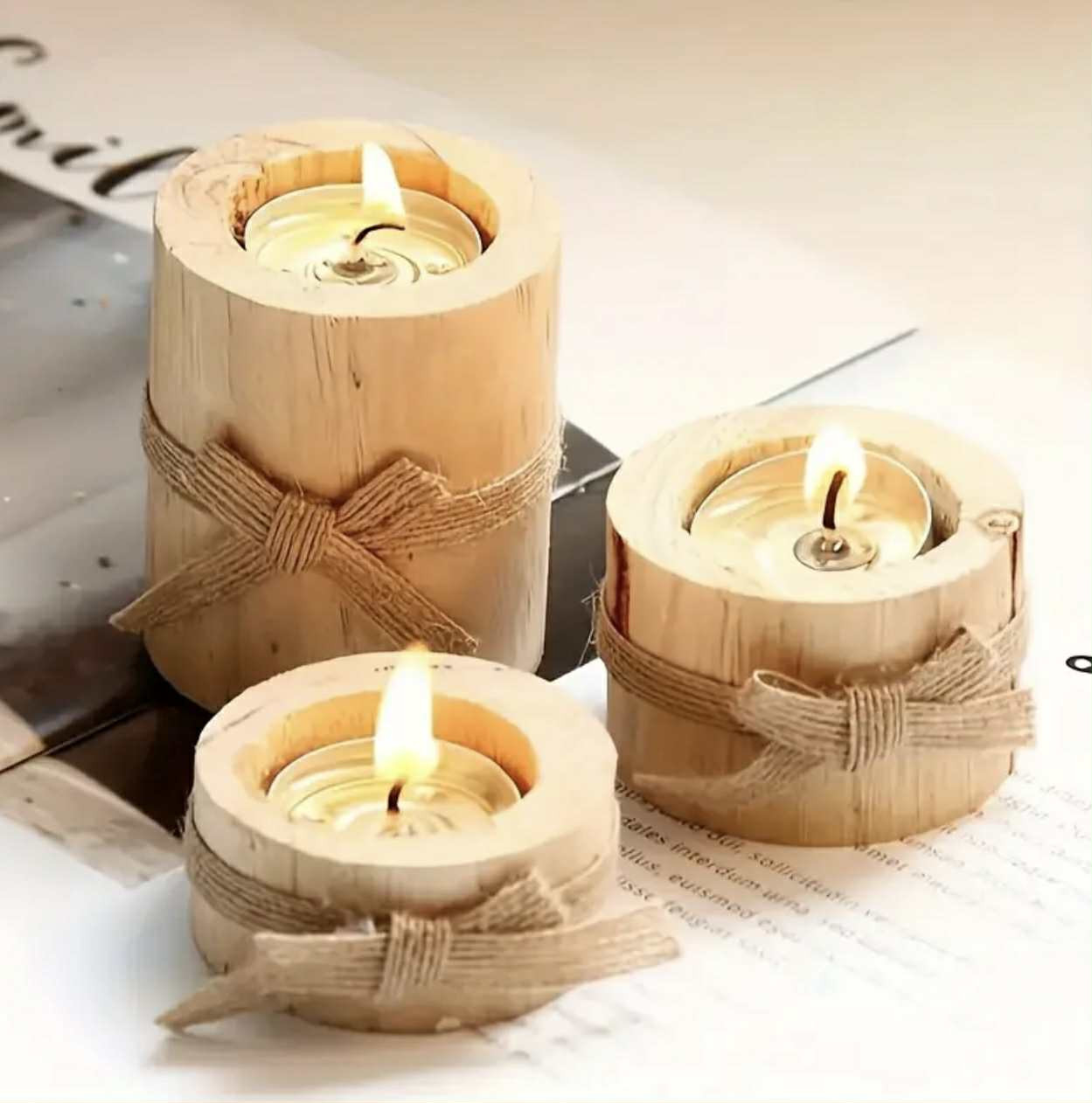 Lot de 3 bougeoirs en bois avec ou sans bougies - Motif arbre rustique, finition bois naturel - Image 2