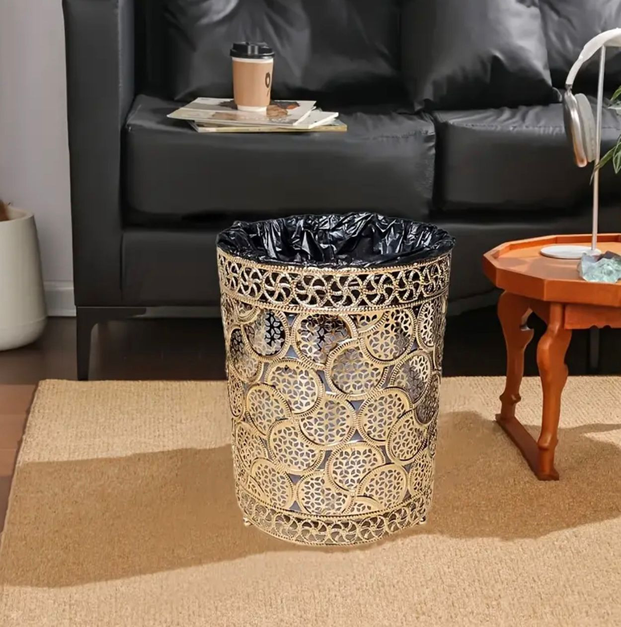 Ensemble de poubelles dorées de luxe européen haut de gamme universel 4 saisons, chambre intérieure dorée électrolytique en métal extérieur + PVC, découverte, motif exquis, durable et robuste - Image 2