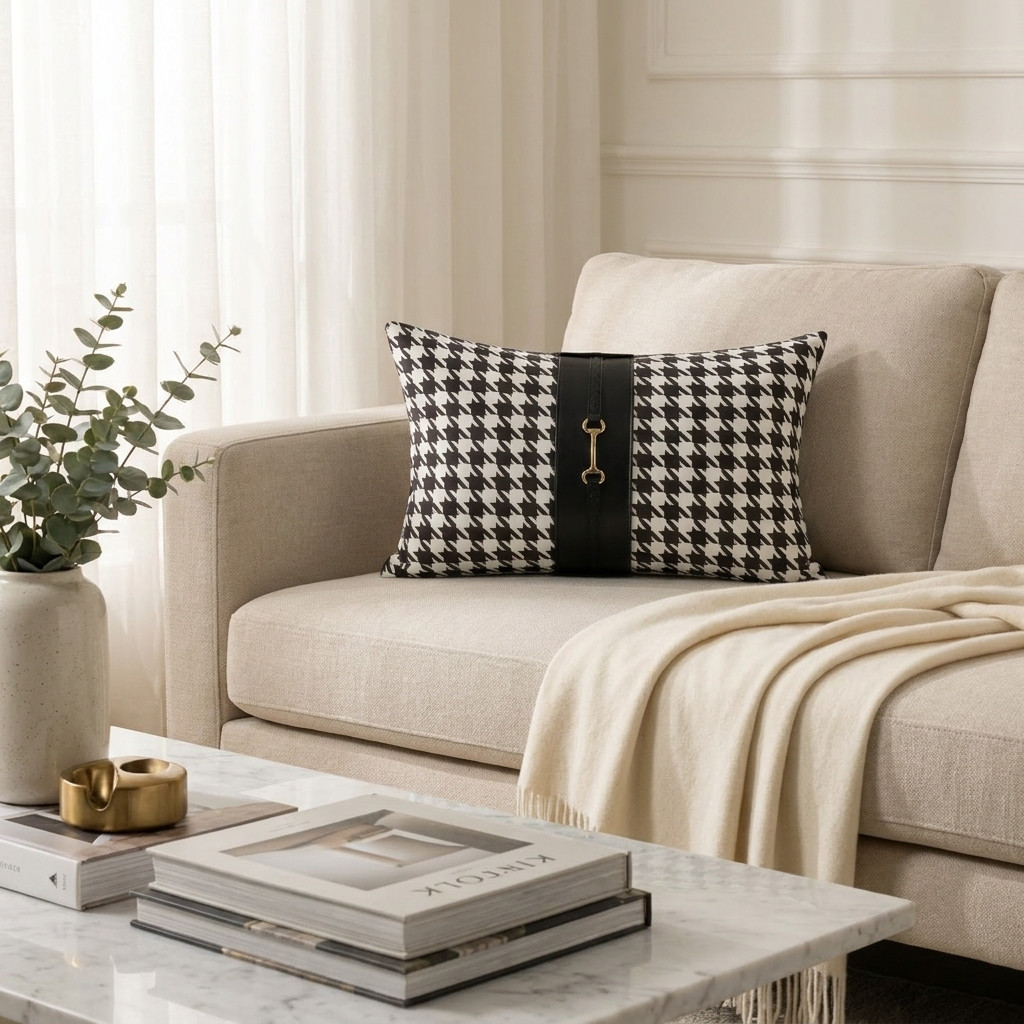 Coussin Pied-de-Poule Luxe  Élégance Noire et Blanche