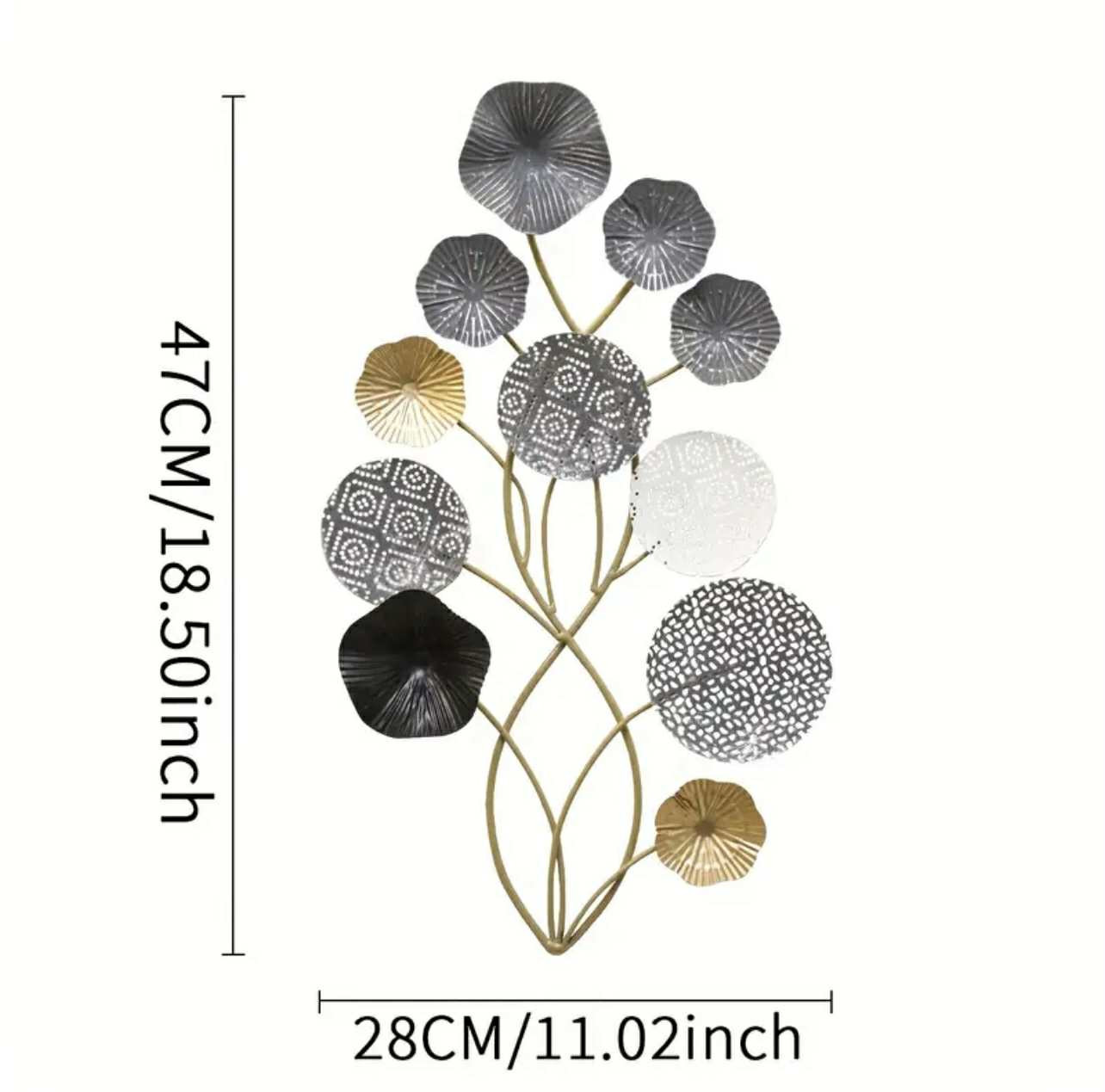 1 grande décoration murale en métal – Motif floral 3D superposé avec feuilles noires, blanches et grises dorées, suspension murale verticale d'intérieur - Image 2