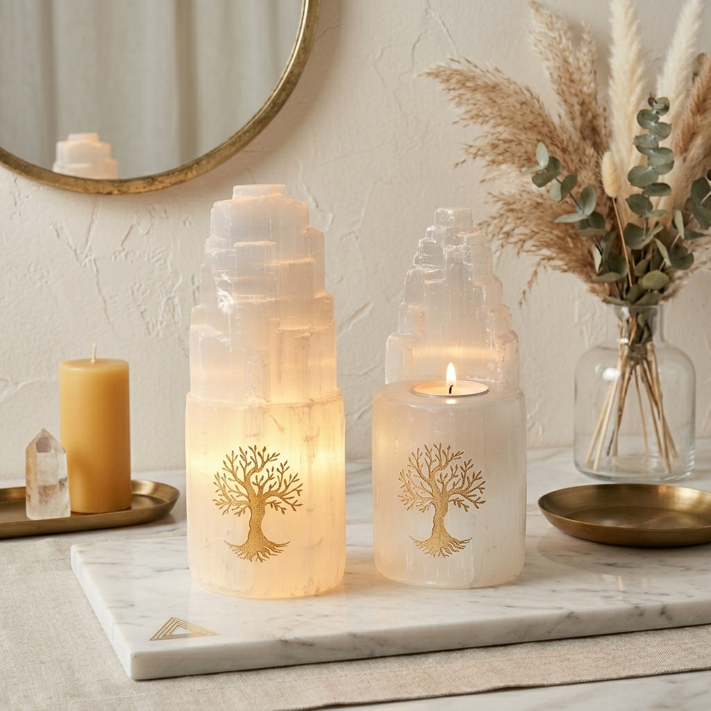 Lampe & Bougeoir en Sélénite Naturelle