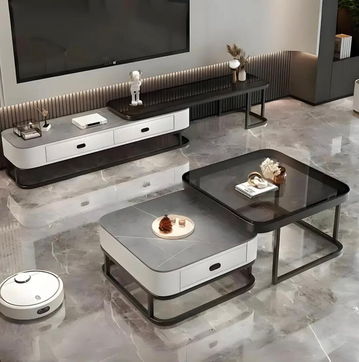 Table basse modulaire de luxe avec cadre industriel en métal - Plateau en verre résistant aux rayures et meuble TV à texture marbre, meubles modernes compacts