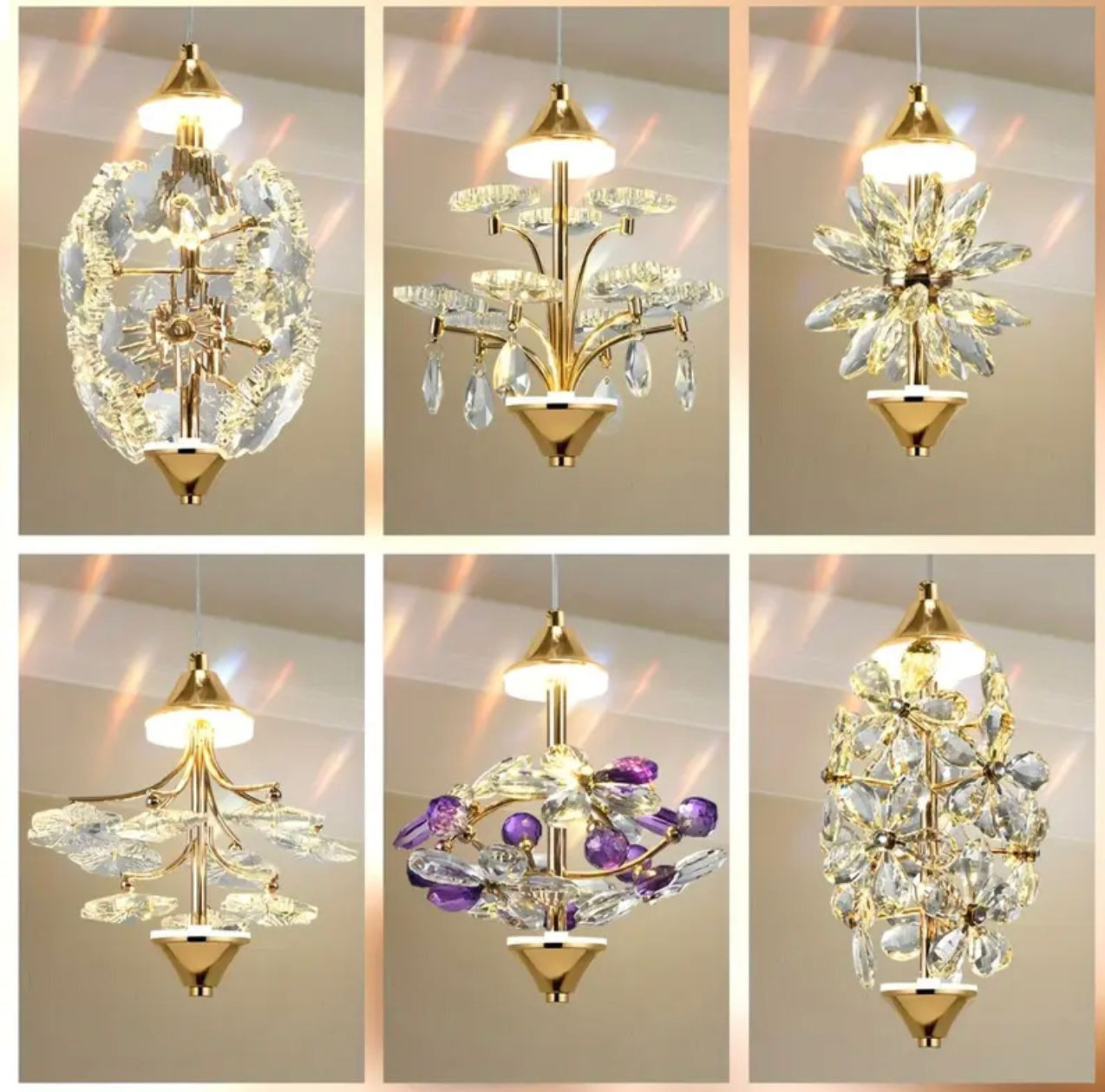 Mini lustre en cristal - Suspension moderne en plastique doré frotté à l'huile avec plusieurs bras et pompons, montage semi-enre-re-filé - Image 2