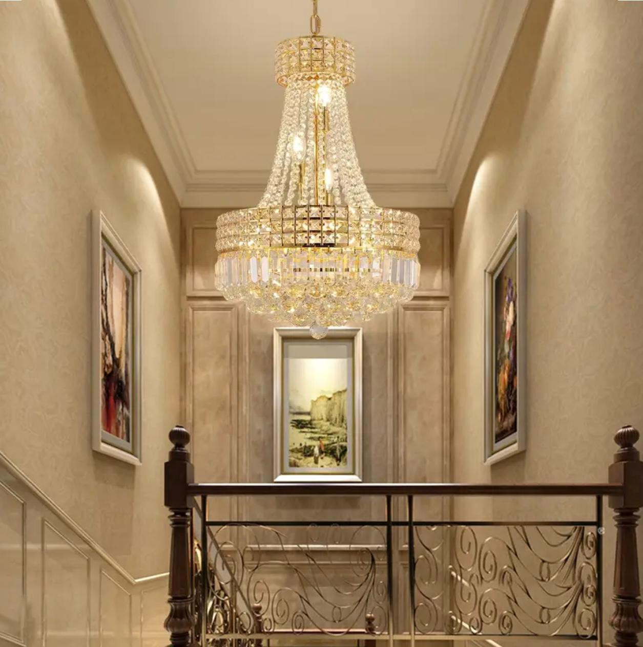 Lustre en cristal de luxe - Style impérial moderne avec gouttelettes en cristal K9, grand luminaire de plafond aux tons dorés