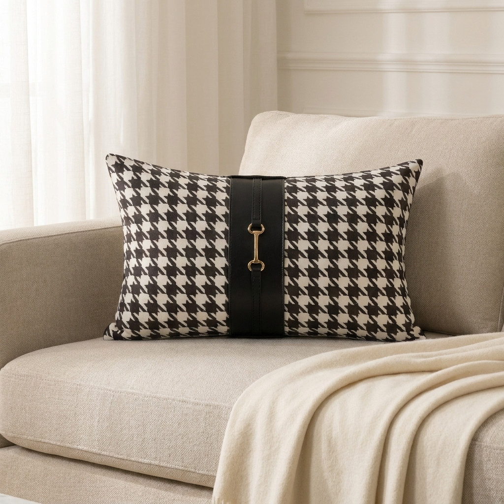 Coussin Pied-de-Poule Luxe Élégance Noire et Blanche - Textiles Déco - Photo detail - Livraison Maroc