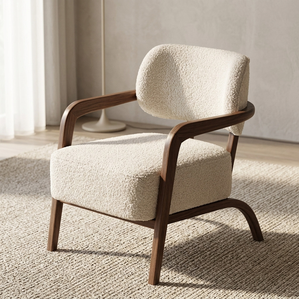 Fauteuil lounge en bois noyer et tissu blanc bouclé