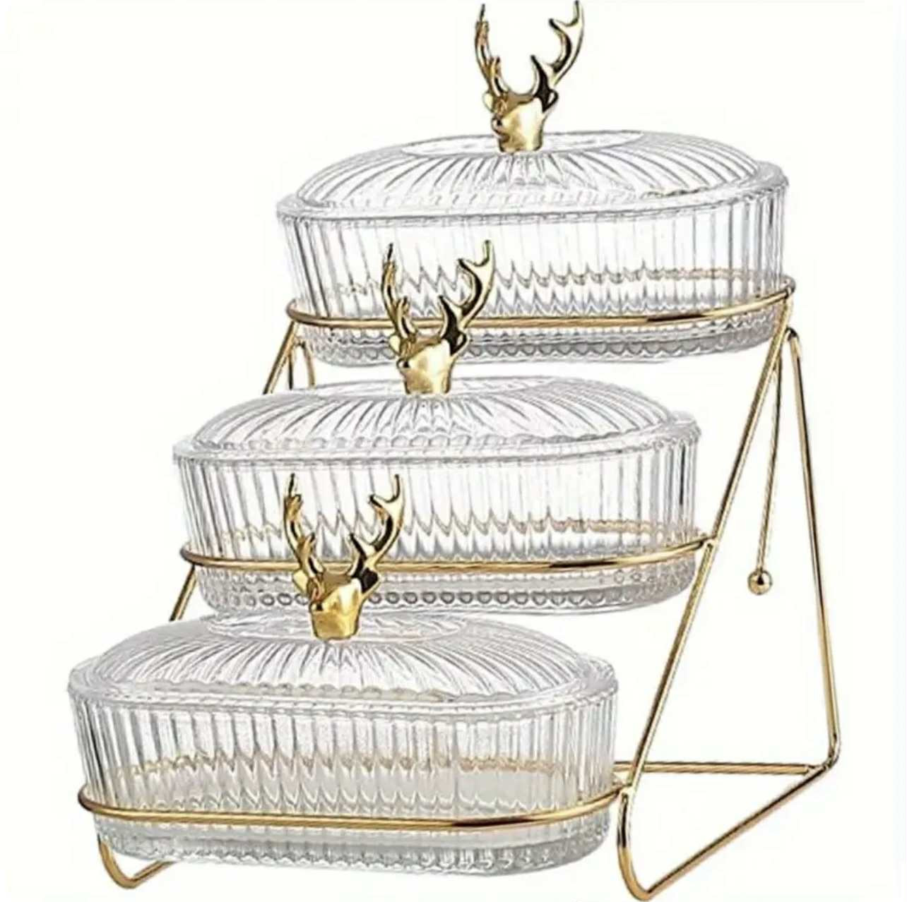 Plateau à fruits et collations élégant à trois niveaux avec couvercle, 13 pièces - Support en fer robuste, design nordique - Image 3