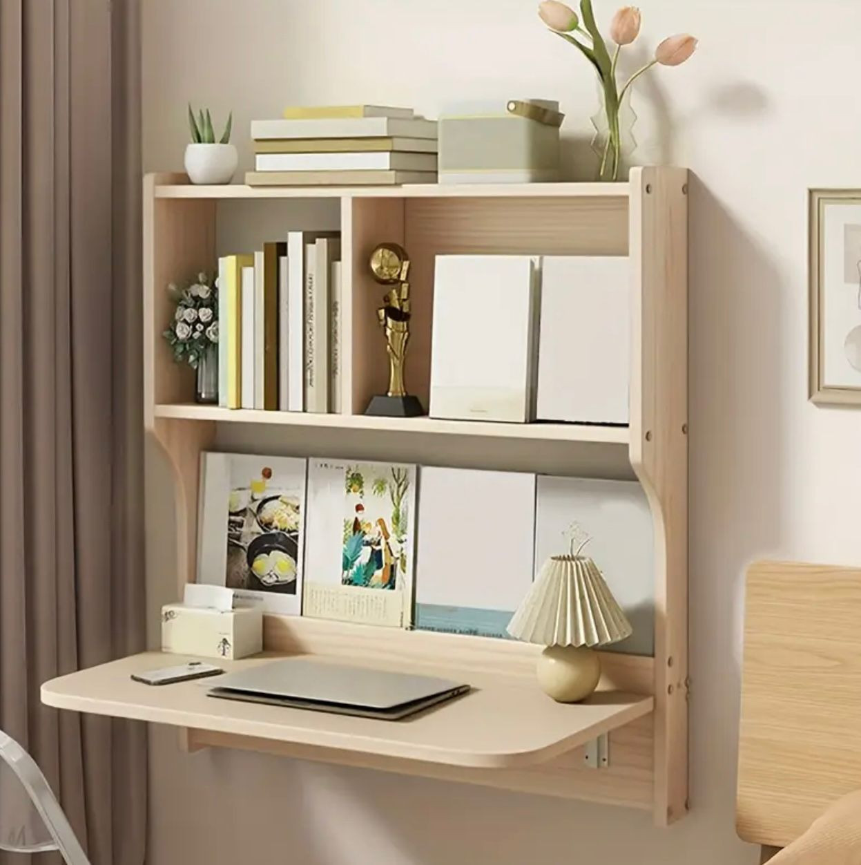 Bureau d'ordinateur flottant mural avec étagères de rangement