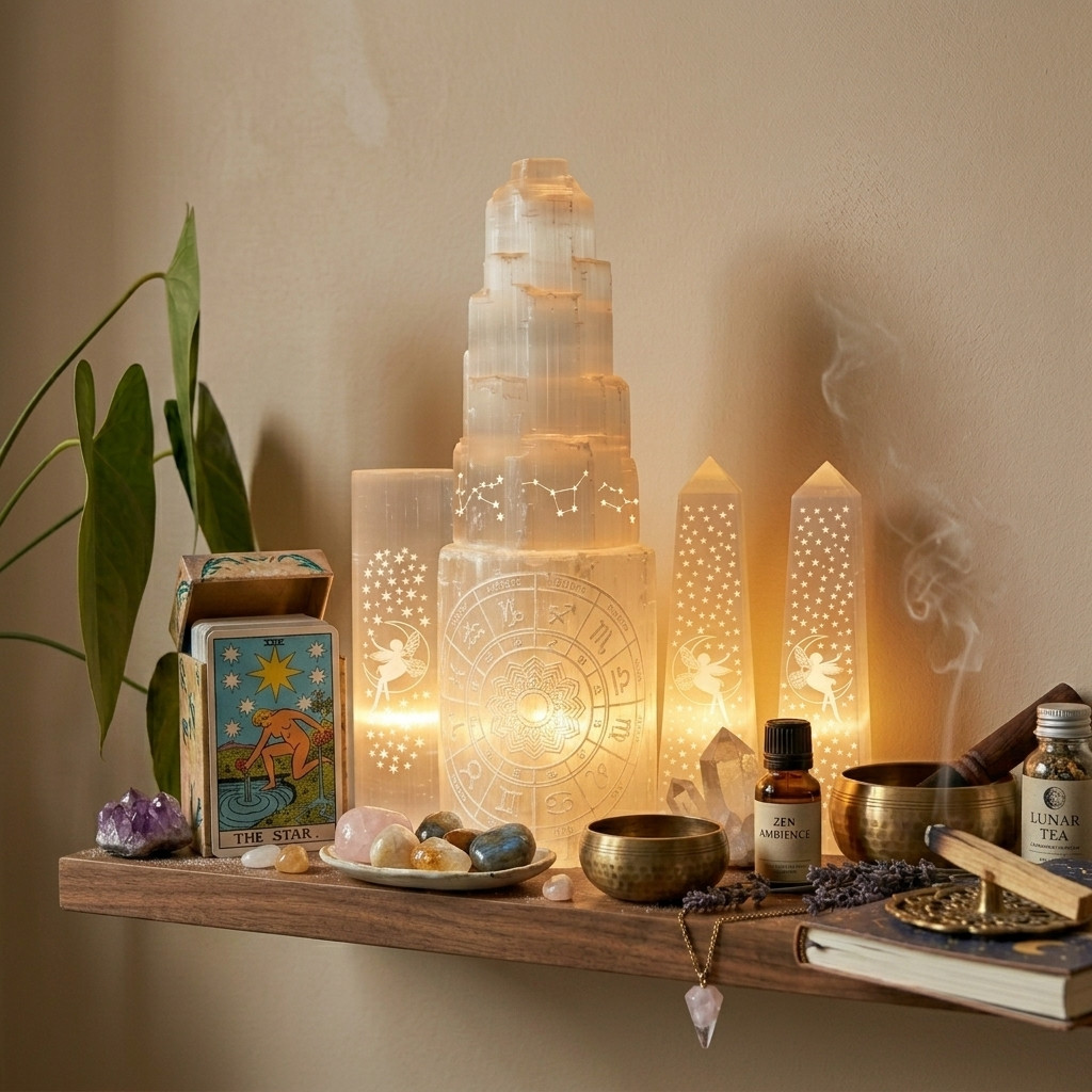 Lampe Sélénite Gravée Lune & Fée