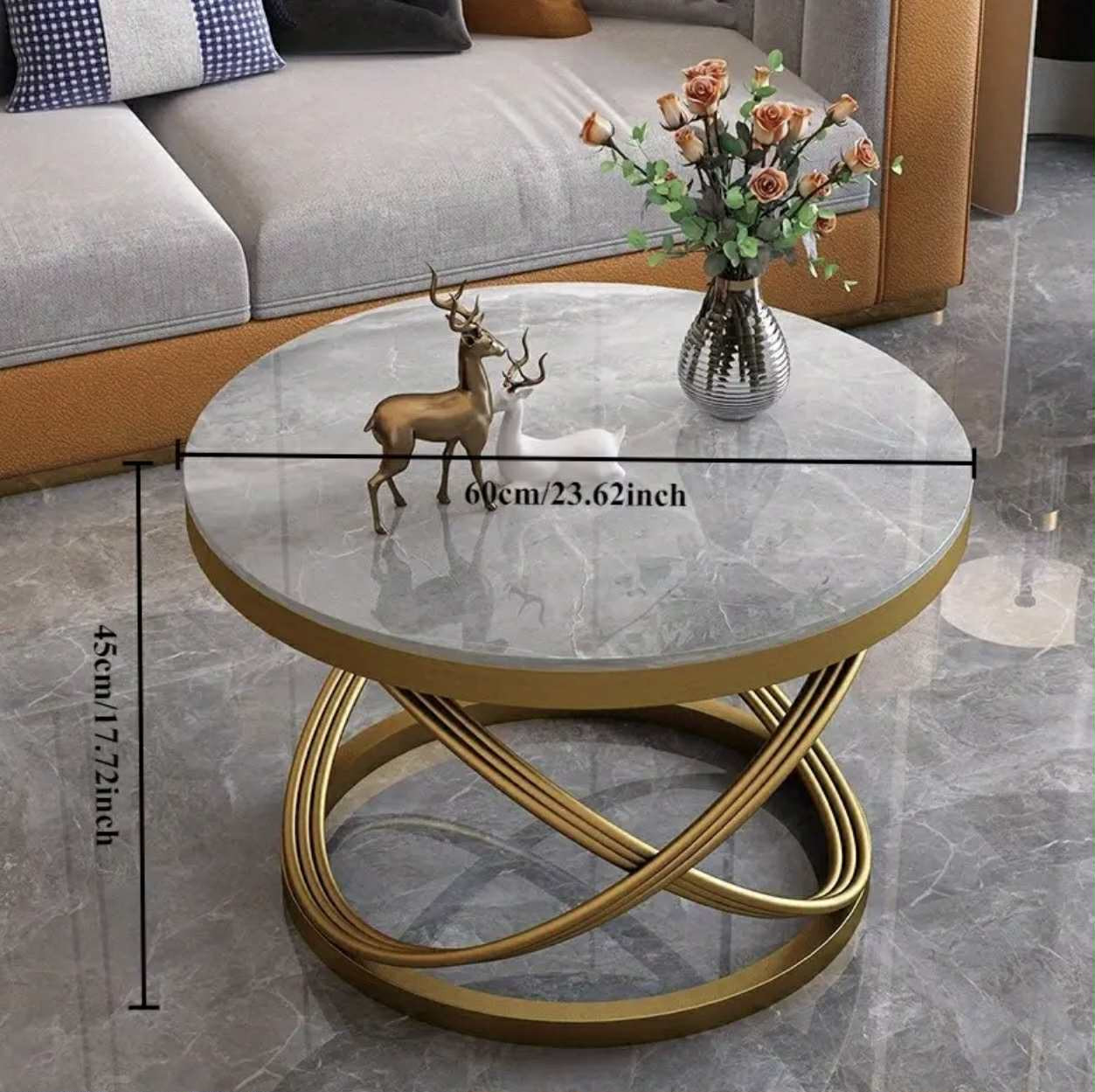 Table basse ronde contemporaine en pierre avec base en métal doré - Design compact pour petits espaces, idéal pour les appartements, les salons et l'extérieur