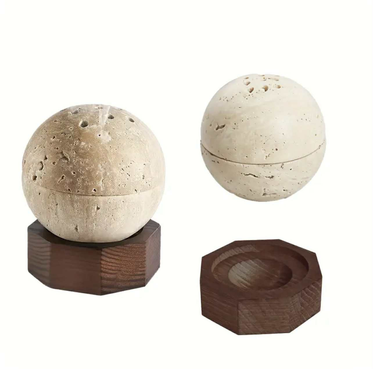 Brûle-encens en travertin naturel, 1 pièce, sphère ronde faite à la main avec support hexagonal en bois - Image 3
