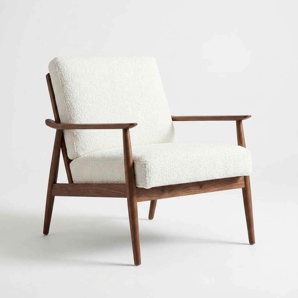 Fauteuil lounge en bois noyer avec coussins blancs