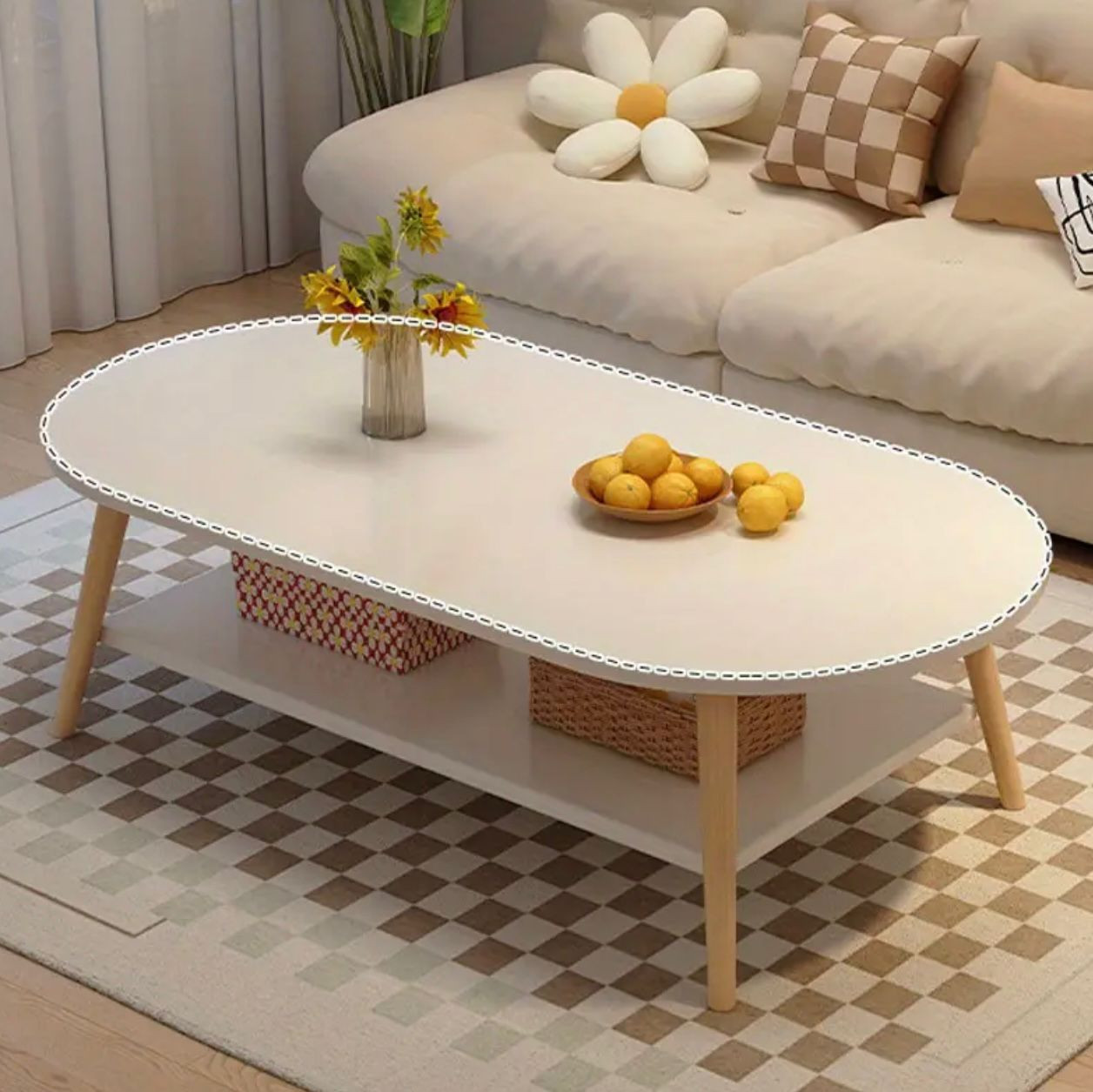 Table basse compacte en bois à 2 niveaux avec plateau et pieds blancs - Petite table minimaliste moderne peu encombrante