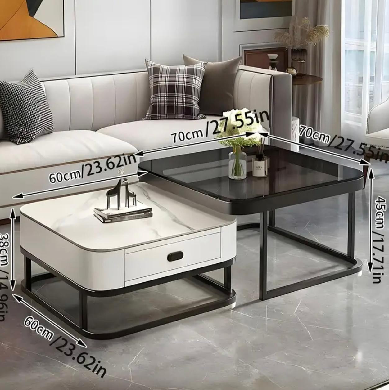 Table basse modulaire de luxe avec cadre industriel en métal - Plateau en verre résistant aux rayures et meuble TV à texture marbre, meubles modernes compacts - Image 3