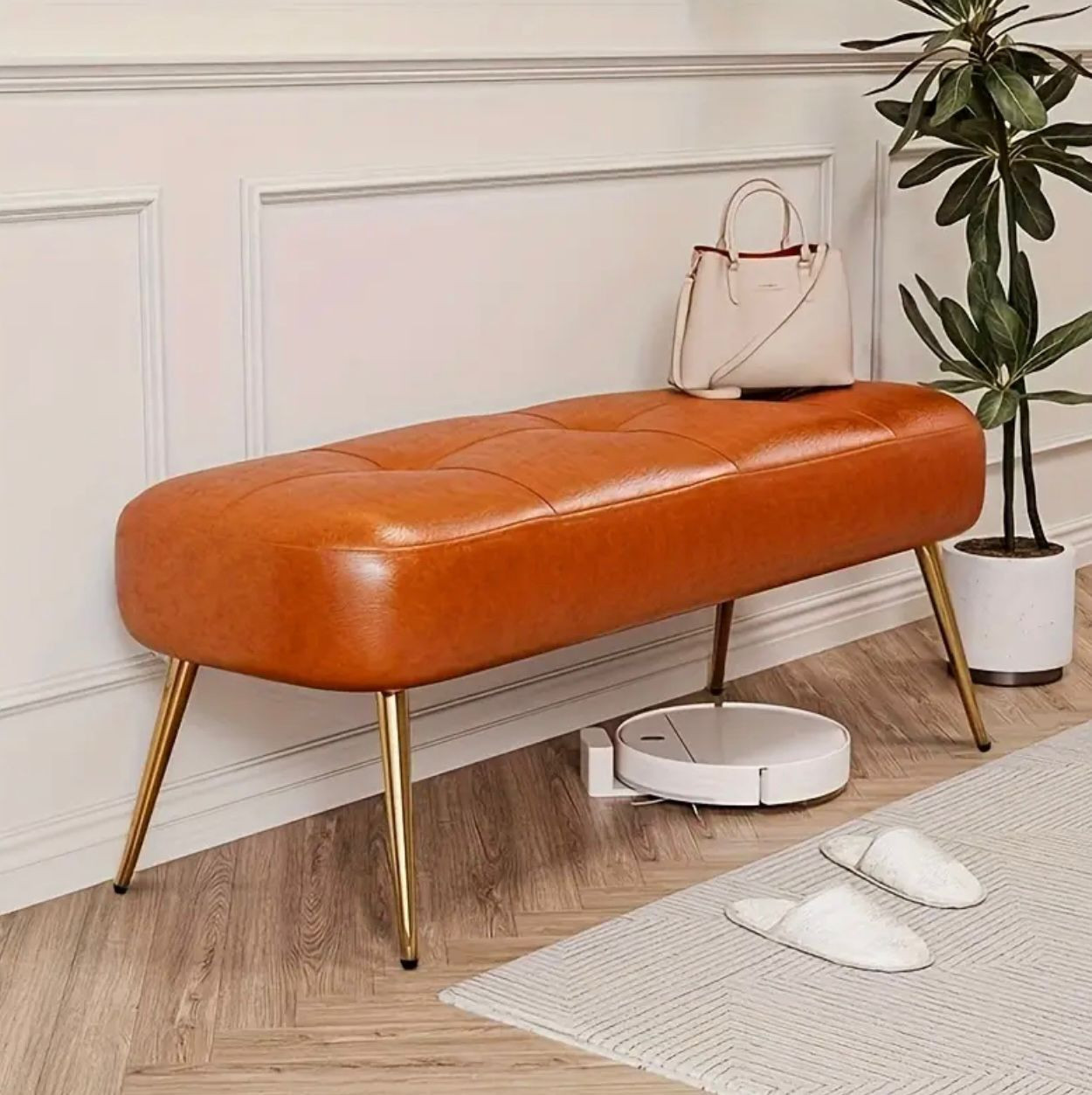 Ottoman moderne en similicuir orange avec pieds dorés - Image 3