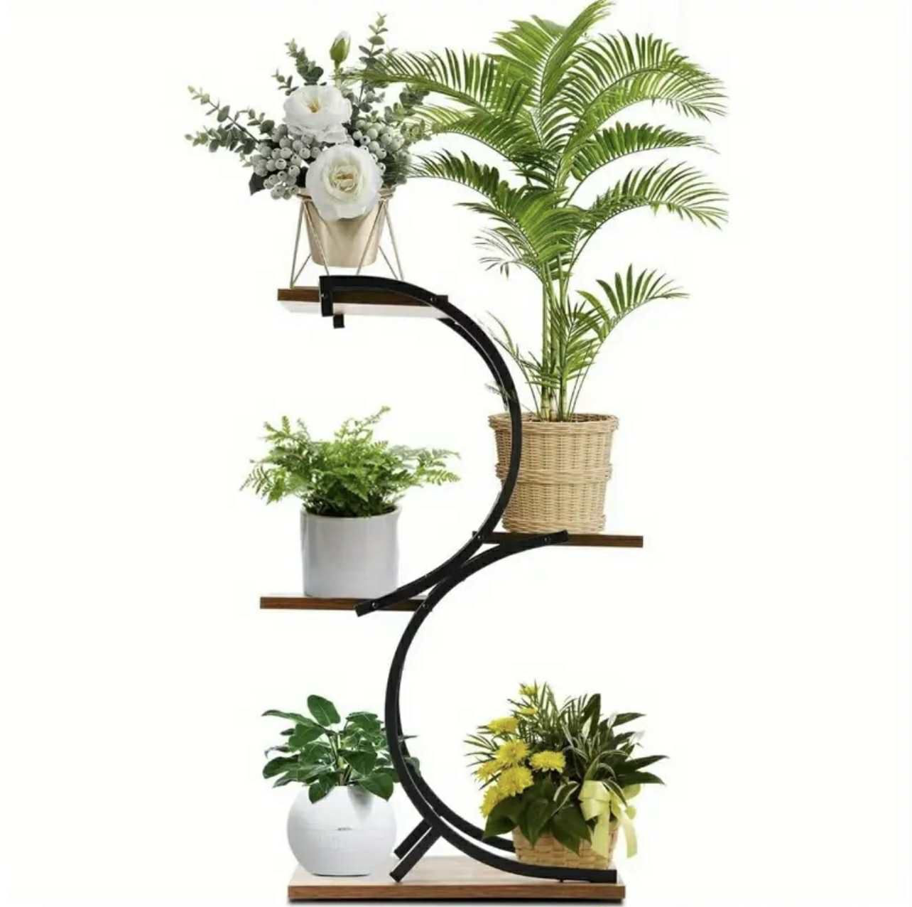1pc Plant Stand Intérieur 4-Tiers en fer forgé Vert Support de plante Utilisation Bureau Décoration intérieure, Bois, Style S