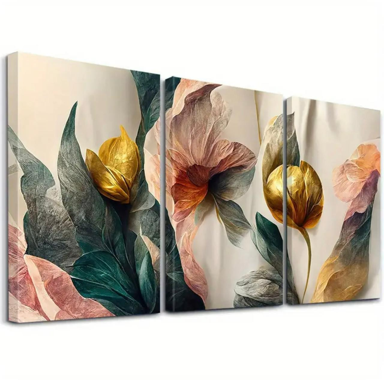3pcs Art mural de fleurs encadrées, Fleurs et feuilles Oeuvres décoratives, Peintures d'art sur toile de fleurs en métal - Image 2