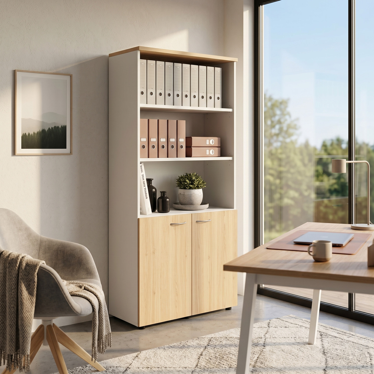 Bibliothèque de bureau – Rangement moderne avec portes et niches ouvertes
