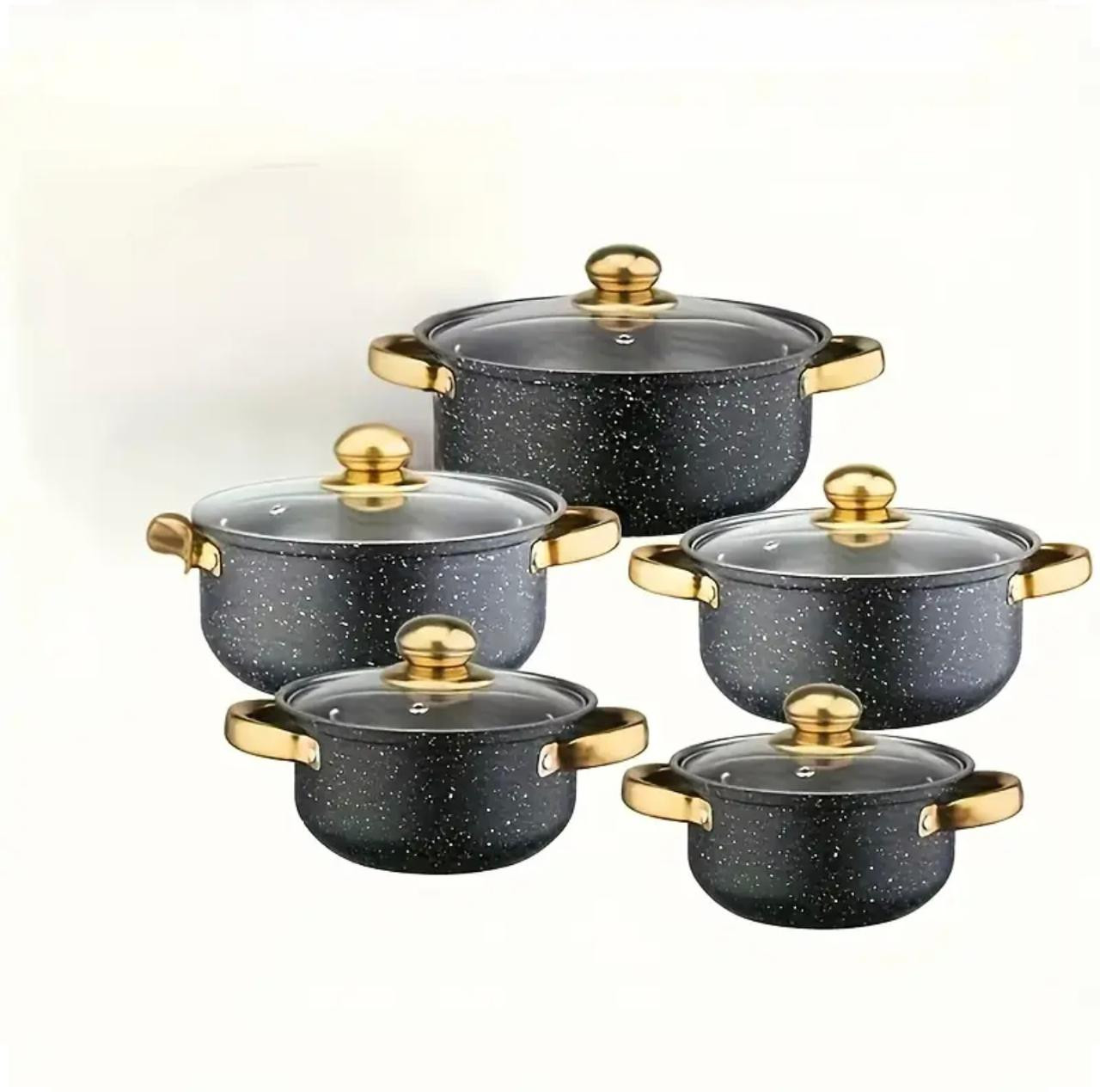 Ensemble d'ustensiles de cuisine en acier inoxydable avec couvercles noirs et dorés - Image 3